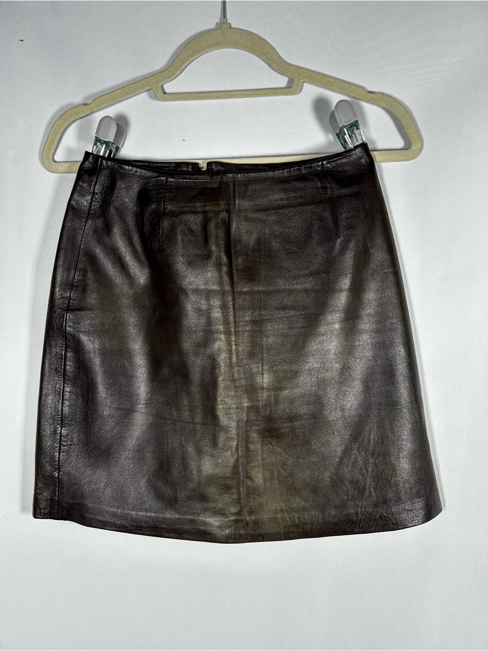 Vintage Caché Gold Label Espresso Brown Leather Mini Skirt Metallic Gold Bronze
